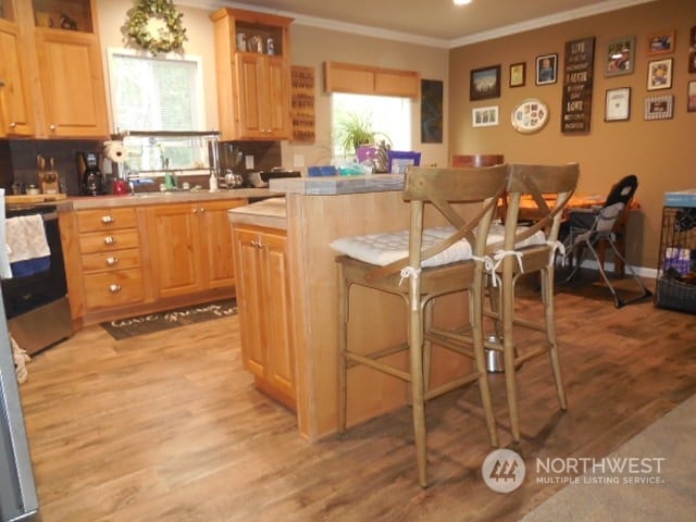 kitchen with ornamental molding, sink, a breakfast bar, light wood-type flooring, and stainless steel range oven