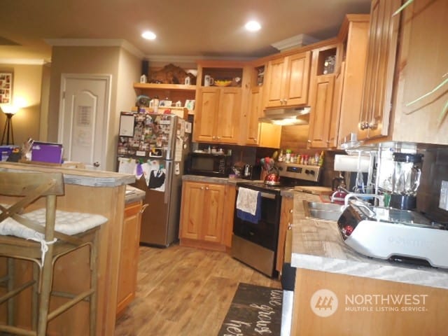 kitchen with decorative backsplash, sink, light hardwood / wood-style floors, crown molding, and stainless steel appliances