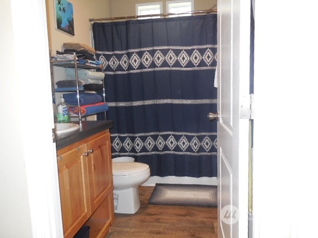 bathroom with vanity, toilet, wood-type flooring, and a shower with shower curtain