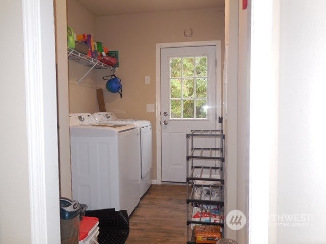 laundry room with wood-type flooring and washer and clothes dryer