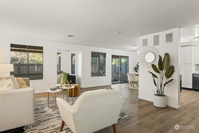 living room with hardwood / wood-style floors, plenty of natural light, and a wood stove