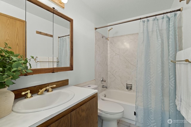 full bathroom with shower / bathtub combination with curtain, vanity, tile patterned floors, and toilet