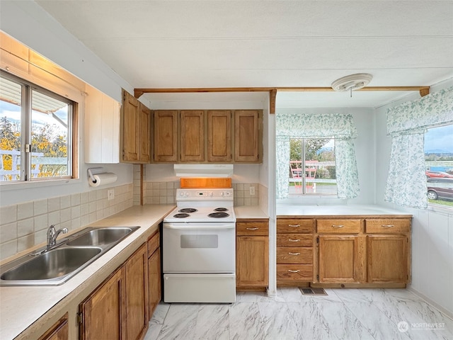 kitchen with ventilation hood, sink, backsplash, and white electric stove