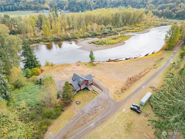 bird's eye view with a water view