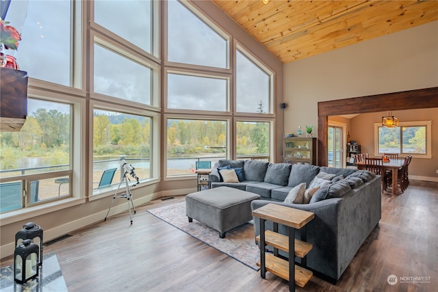 living room with wood ceiling, high vaulted ceiling, and hardwood / wood-style floors