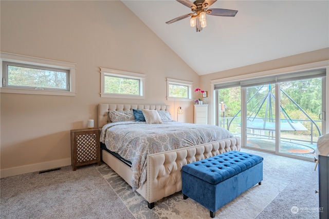 bedroom with access to outside, high vaulted ceiling, carpet flooring, and ceiling fan