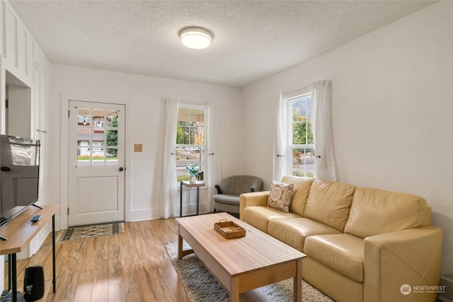living room featuring baseboards, a textured ceiling, and light wood finished floors