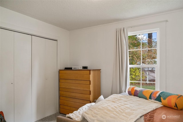 carpeted bedroom with a textured ceiling and a closet