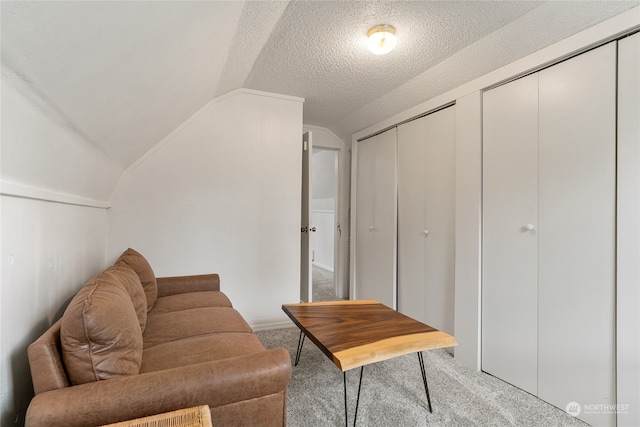 living area featuring vaulted ceiling, a textured ceiling, and carpet flooring