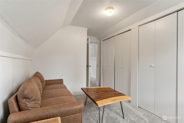 living area featuring lofted ceiling, carpet, and a textured ceiling