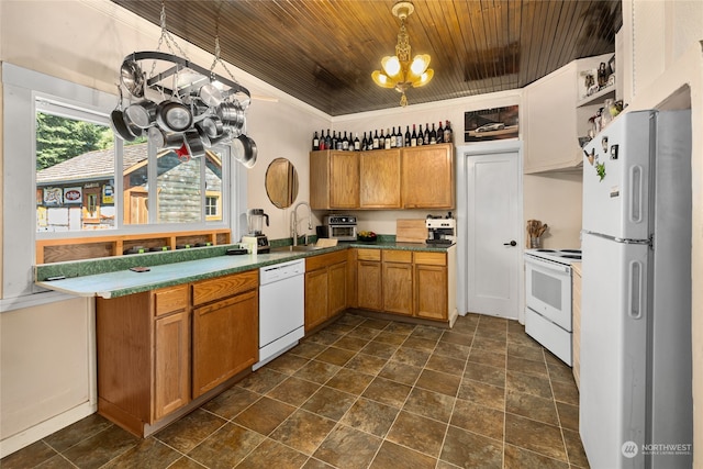 kitchen featuring wood ceiling, ornamental molding, sink, decorative light fixtures, and white appliances