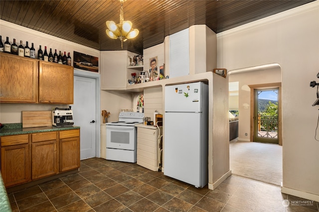 kitchen featuring white appliances, wooden ceiling, dark colored carpet, ornamental molding, and an inviting chandelier