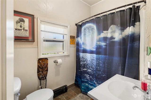 bathroom with toilet, tile patterned floors, tile walls, and a shower with shower curtain