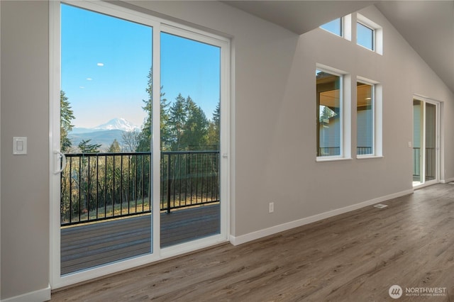 interior space with wood finished floors, a mountain view, and baseboards