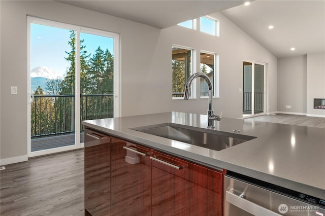 kitchen featuring modern cabinets, vaulted ceiling, a sink, wood finished floors, and dishwasher