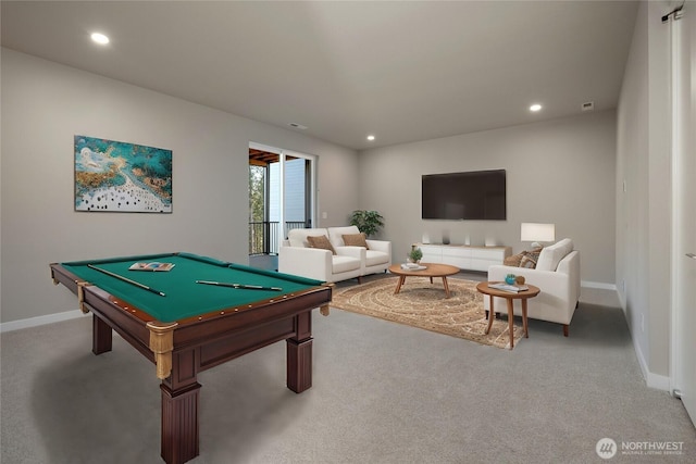 game room with recessed lighting, carpet flooring, pool table, and baseboards