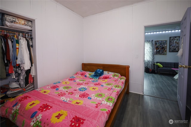 bedroom featuring dark hardwood / wood-style floors and a closet