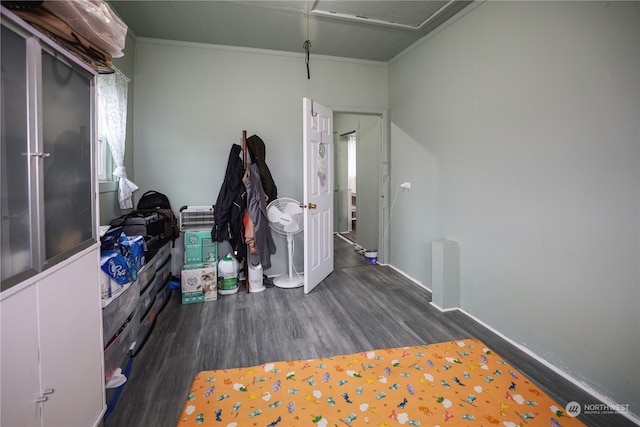 interior space featuring crown molding and dark wood-type flooring