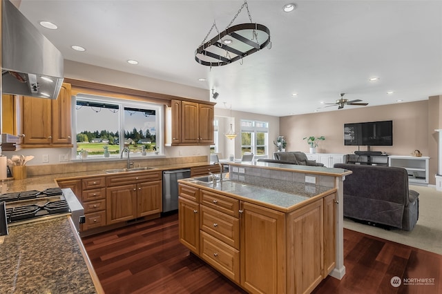 kitchen with appliances with stainless steel finishes, sink, island exhaust hood, a center island, and dark wood-type flooring