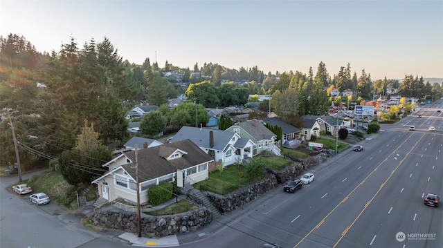 view of aerial view at dusk