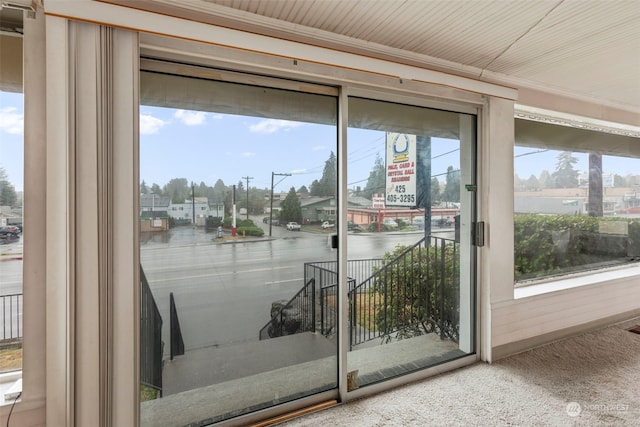 entryway with a water view, carpet flooring, and a wealth of natural light