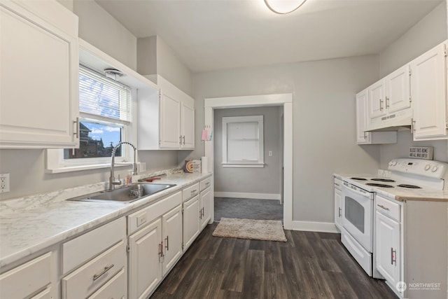 kitchen featuring custom exhaust hood, white cabinets, dark hardwood / wood-style flooring, white electric range, and sink