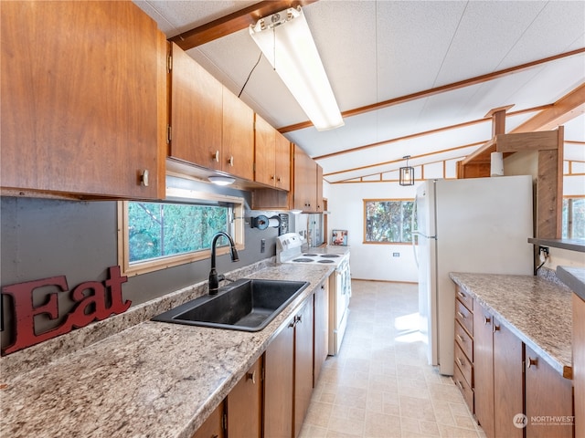 kitchen with vaulted ceiling with beams, washer / clothes dryer, sink, a textured ceiling, and white appliances