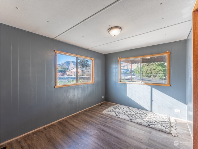 spare room with dark wood-type flooring, a healthy amount of sunlight, and wood walls