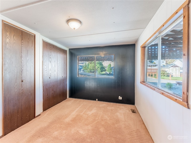 unfurnished bedroom featuring light carpet, multiple windows, wood walls, and two closets