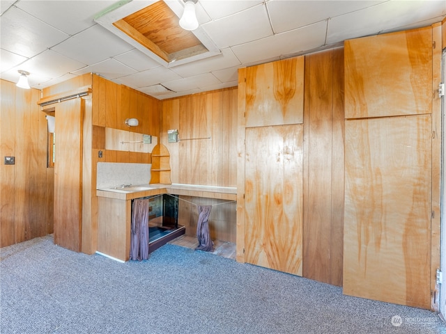 unfurnished office featuring wood walls, carpet floors, and a barn door