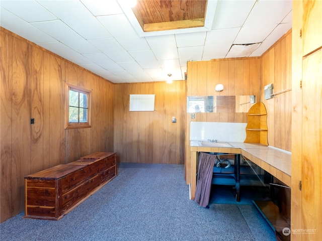 office area featuring wood walls and carpet