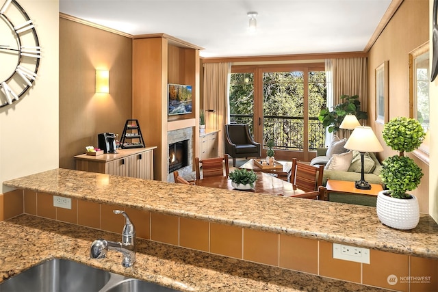 kitchen featuring ornamental molding, light stone countertops, and sink