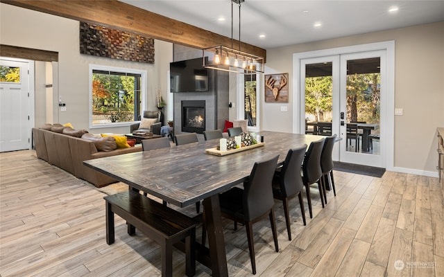 dining space with light hardwood / wood-style floors, a healthy amount of sunlight, and a fireplace