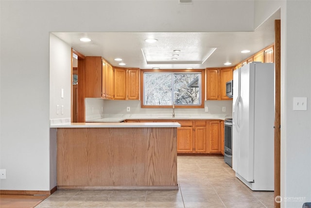 kitchen with appliances with stainless steel finishes, a tray ceiling, sink, and kitchen peninsula