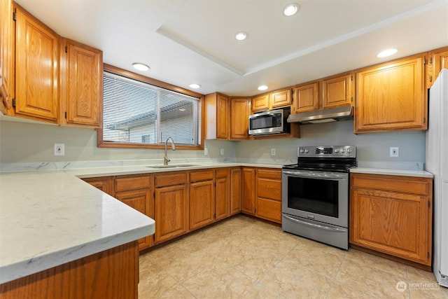 kitchen with sink, a tray ceiling, and appliances with stainless steel finishes