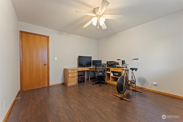 office area with ceiling fan and dark hardwood / wood-style floors