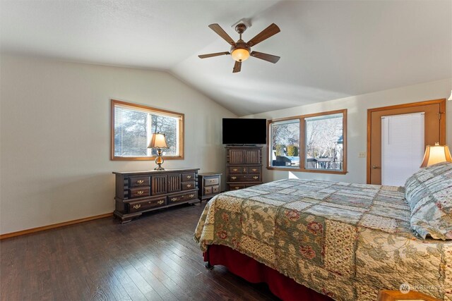 bedroom with ceiling fan, lofted ceiling, and dark hardwood / wood-style flooring