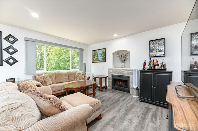 living room with a fireplace and light hardwood / wood-style floors