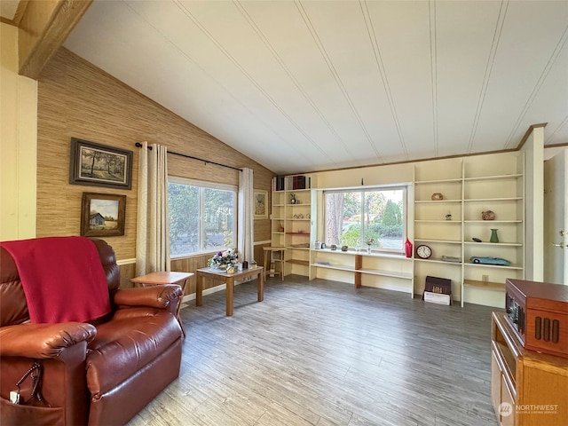 living area featuring wood walls, hardwood / wood-style flooring, and plenty of natural light