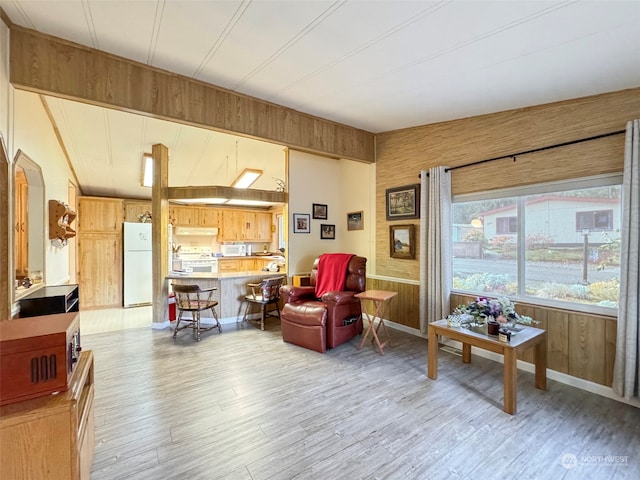 living area with light hardwood / wood-style floors, wooden walls, and vaulted ceiling