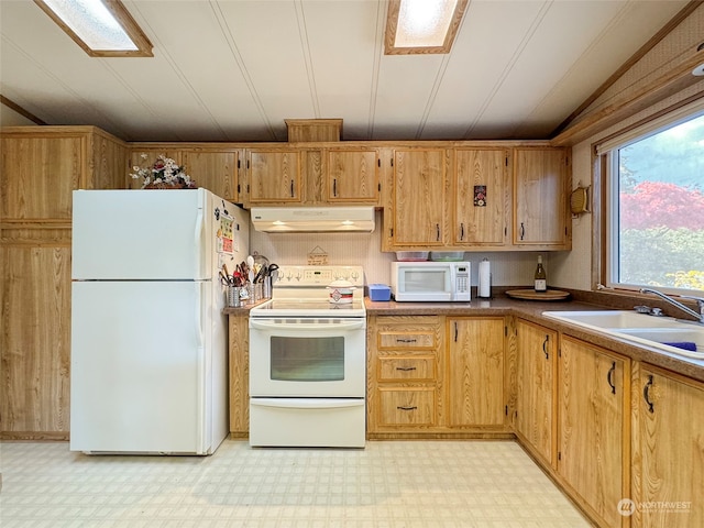 kitchen featuring white appliances, crown molding, and sink