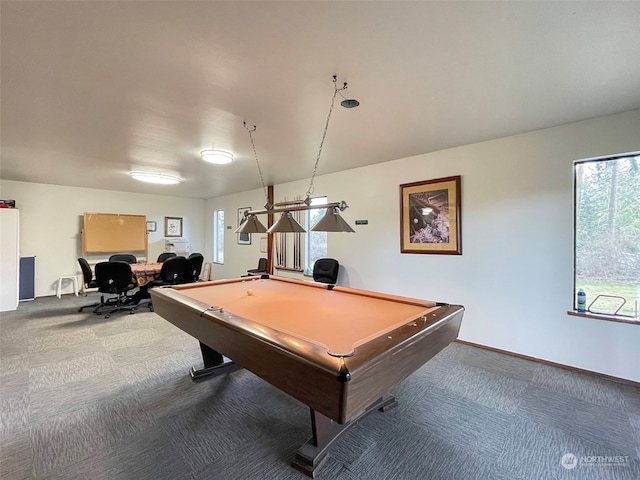 rec room featuring carpet floors and billiards