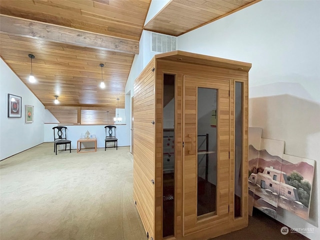 121 Fircrest Dr, Sequim, WA 98382 - additional living space featuring vaulted ceiling, wood ceiling, a sauna, carpet flooring, and visible vents