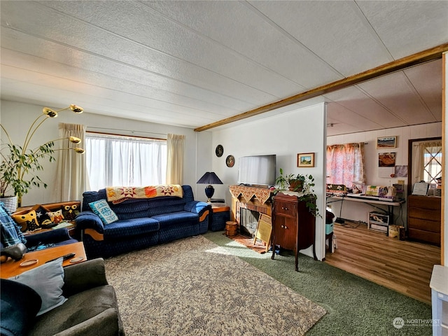 living room with a textured ceiling, carpet flooring, and wooden walls