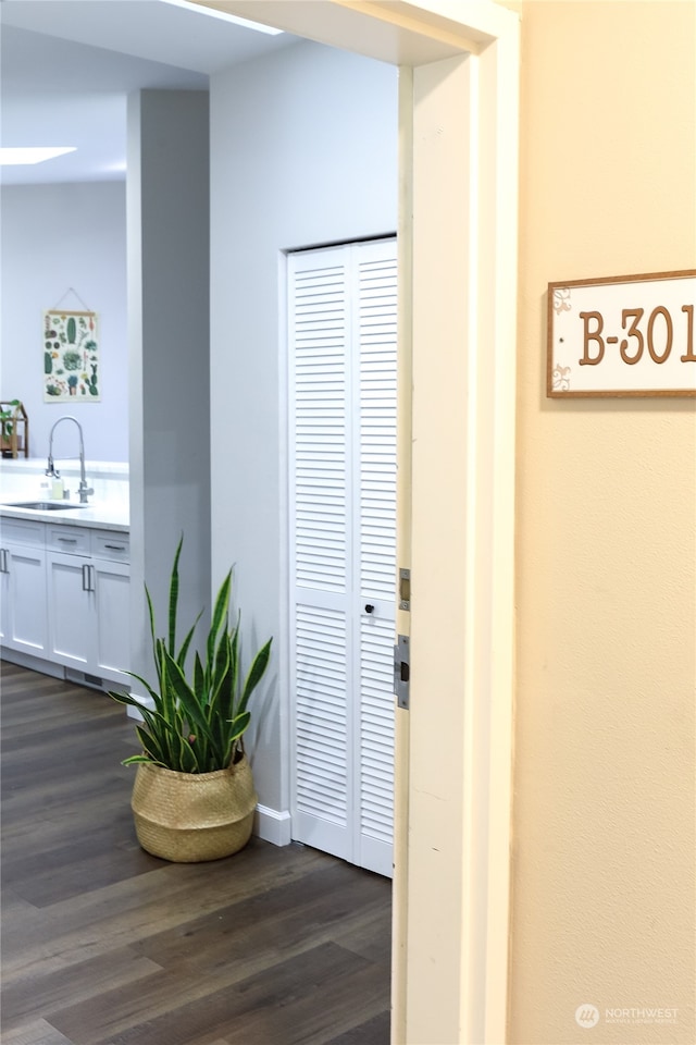 hallway with sink and dark hardwood / wood-style flooring