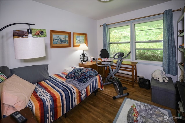 bedroom with dark hardwood / wood-style floors