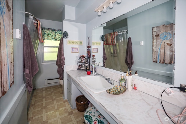 bathroom with a shower with shower curtain, vanity, toilet, and baseboard heating