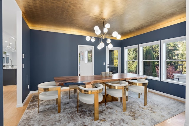 dining room with light hardwood / wood-style flooring and a notable chandelier