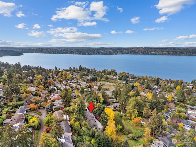 drone / aerial view featuring a water view