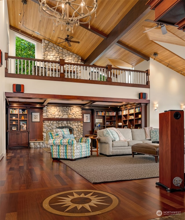 living room featuring dark hardwood / wood-style floors, high vaulted ceiling, and wooden ceiling